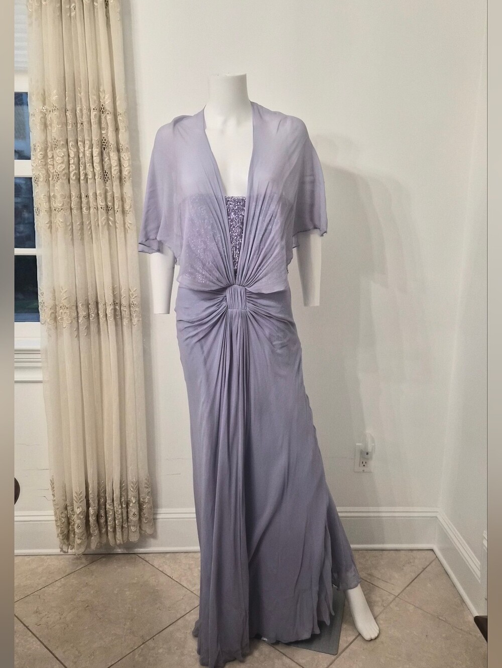 Lilac Twist-Front Maxi Dress with Sheer Overlay